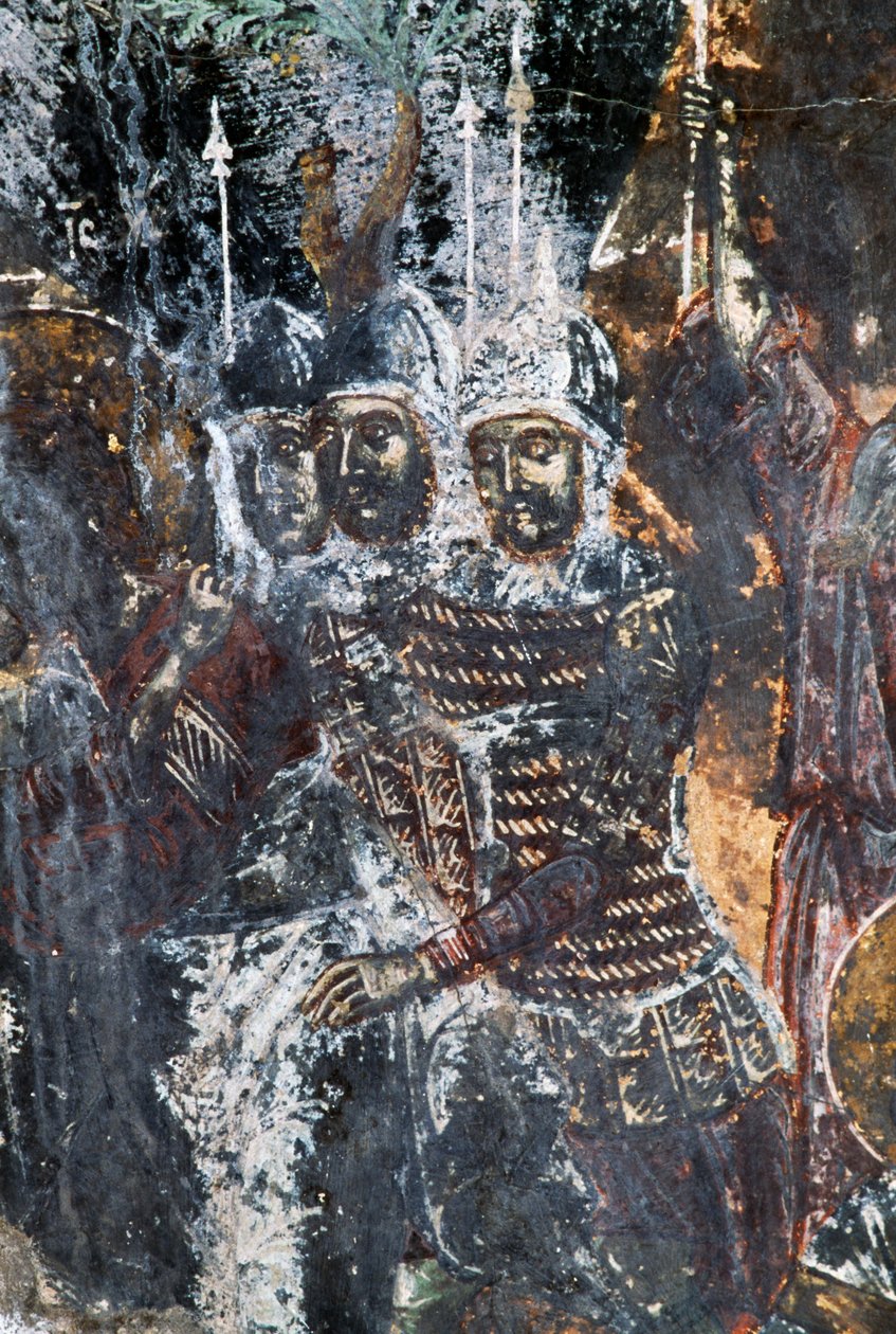 Soldaat, beschadigde fresco op plafond van kerk van Agios Vasileios, Vavouledo, Kreta, Griekenland door Theodore Charles Ange Coquelin