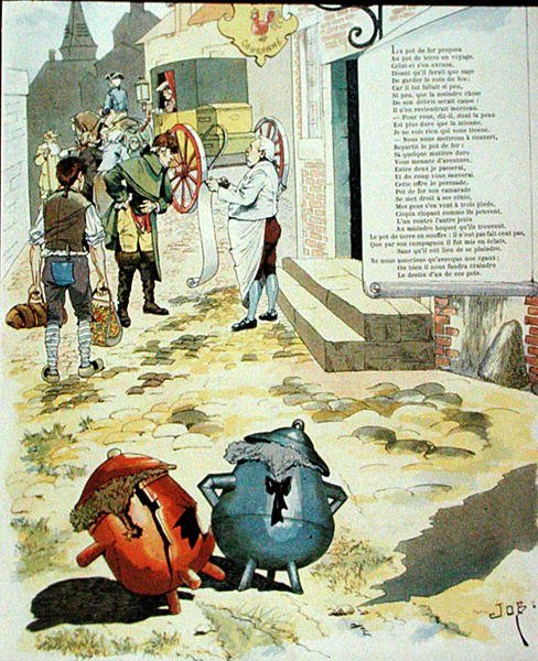Illustratie voor De Aarden Pot en de IJzeren Pot, uit Fabels van Jean de La Fontaine door Onfray de Breville Job
