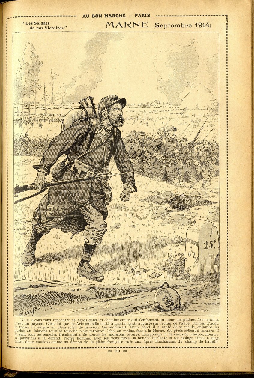 Agenda Buvard du Bon Marché 1917 - Illustratie van Job (Jacques Marie Gaston Onfray de Bréville) (1858-1931): Marne september 1914 - Oorlog van 14-18, Marne, Grote Slagen, Slag bij de Marne - Soldaten door pseudonym for Onfray de Breville Jacques Job