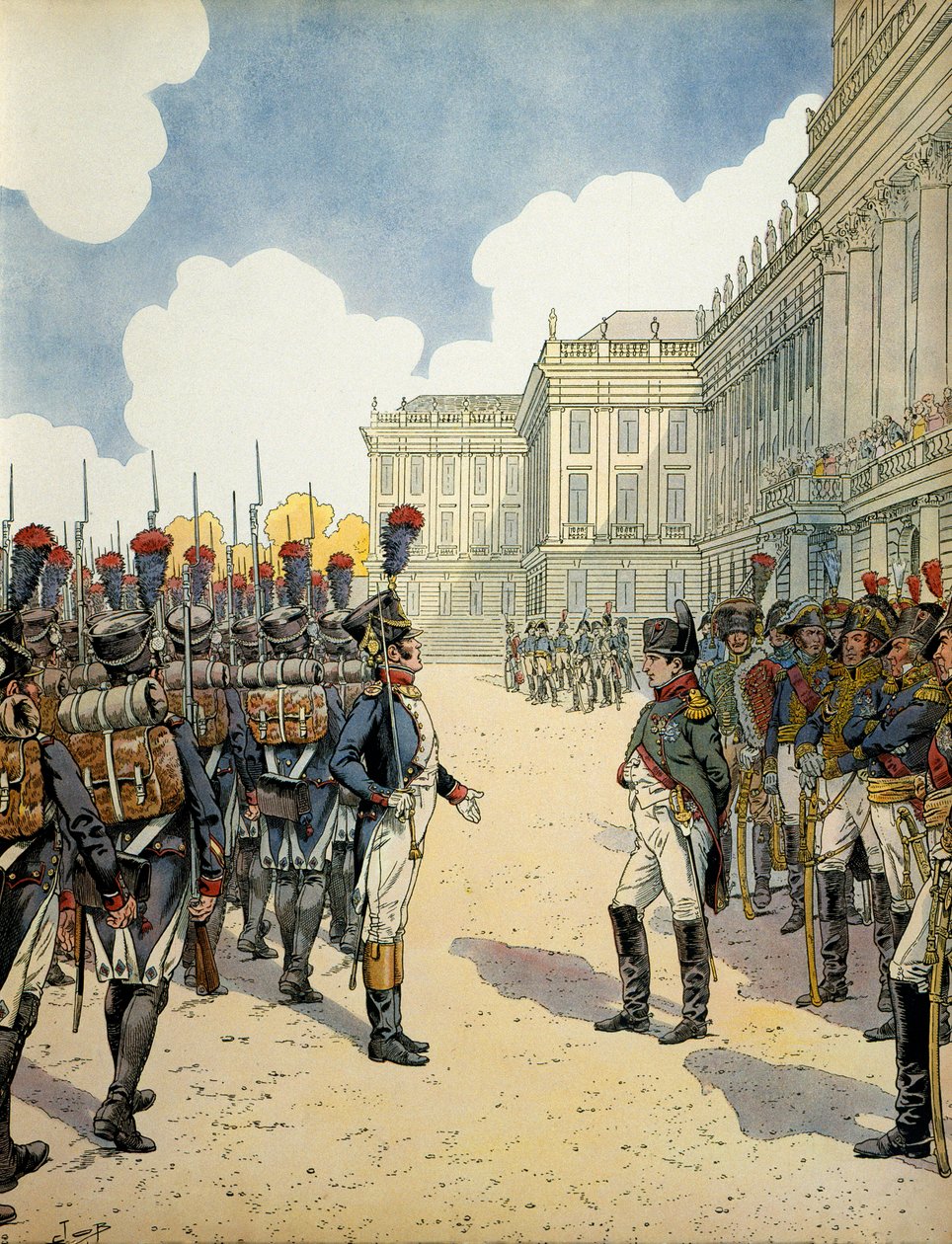 Bij Schoebrunn, Napoleon I Bonaparte (1769-1821) inspecteerde de troepen voor de Slag bij Wagram op 5 en 6 juli door pseudonym for Onfray de Breville Jacques Job
