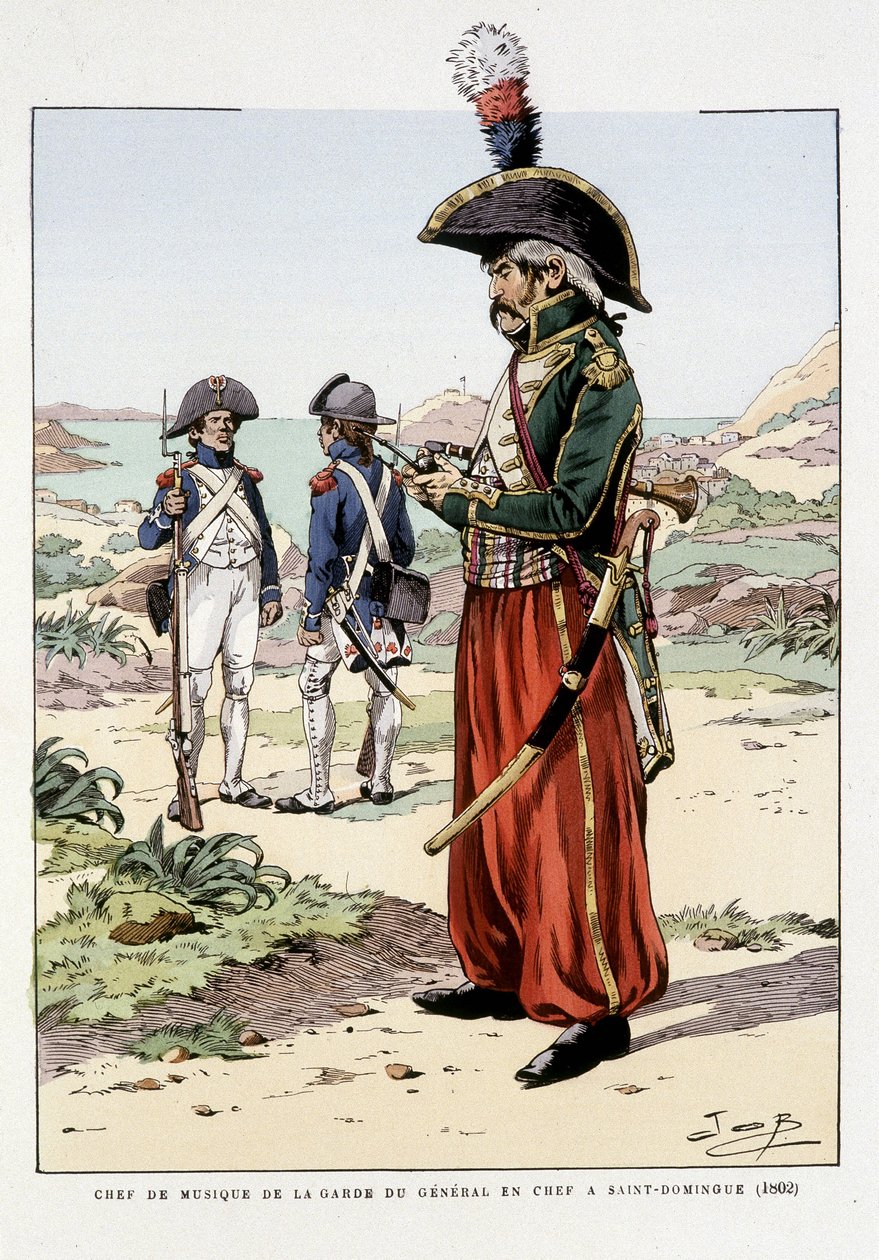 Chef de musique de la garde du général en chef à St Domingo en 1802 - in “Outfit des troupes de France: armee de terre et de mer à toutes les epoques”, ill. de Job door pseudonym for Onfray de Breville Jacques Job