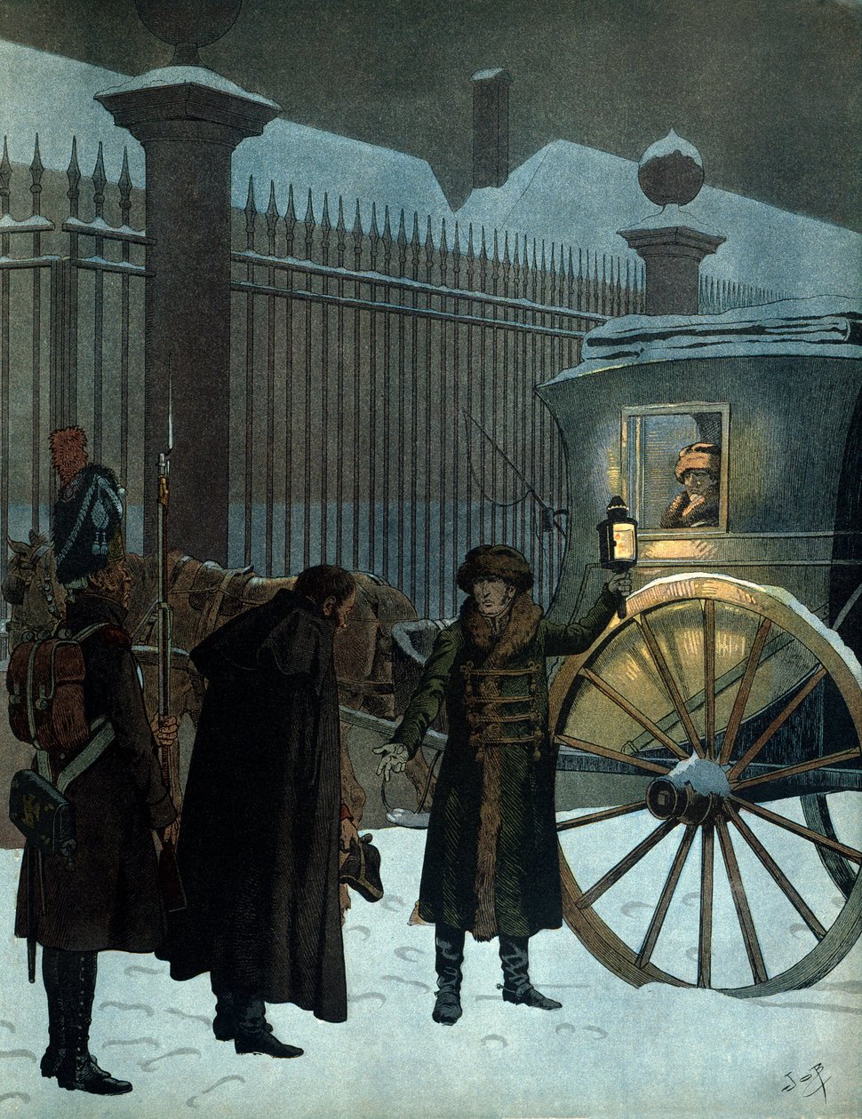 Verslagen in de Russische campagne en teruggekeerd naar Parijs: Napoleon I Bonaparte (1769-1821) in een draagstoel aangekomen bij de Tuilerieën op 18 december 1812 om 11 uur 