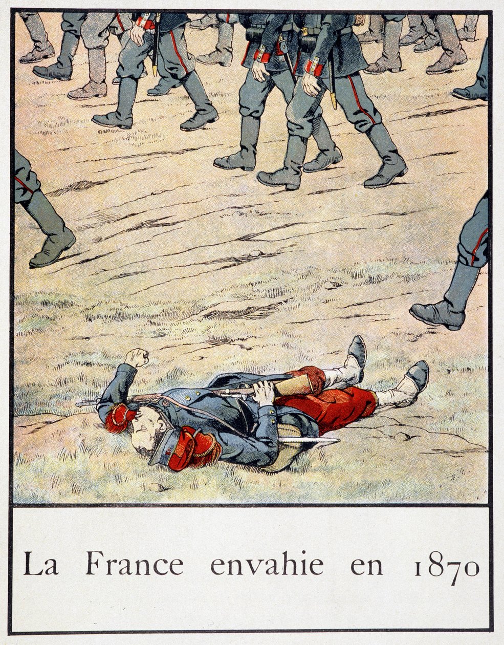Frankrijk binnengevallen in 1870 (een soldaat dood op het slagveld) - in "Petite histoire de France" door Jacques Bainville, ed. Mane door pseudonym for Onfray de Breville Jacques Job