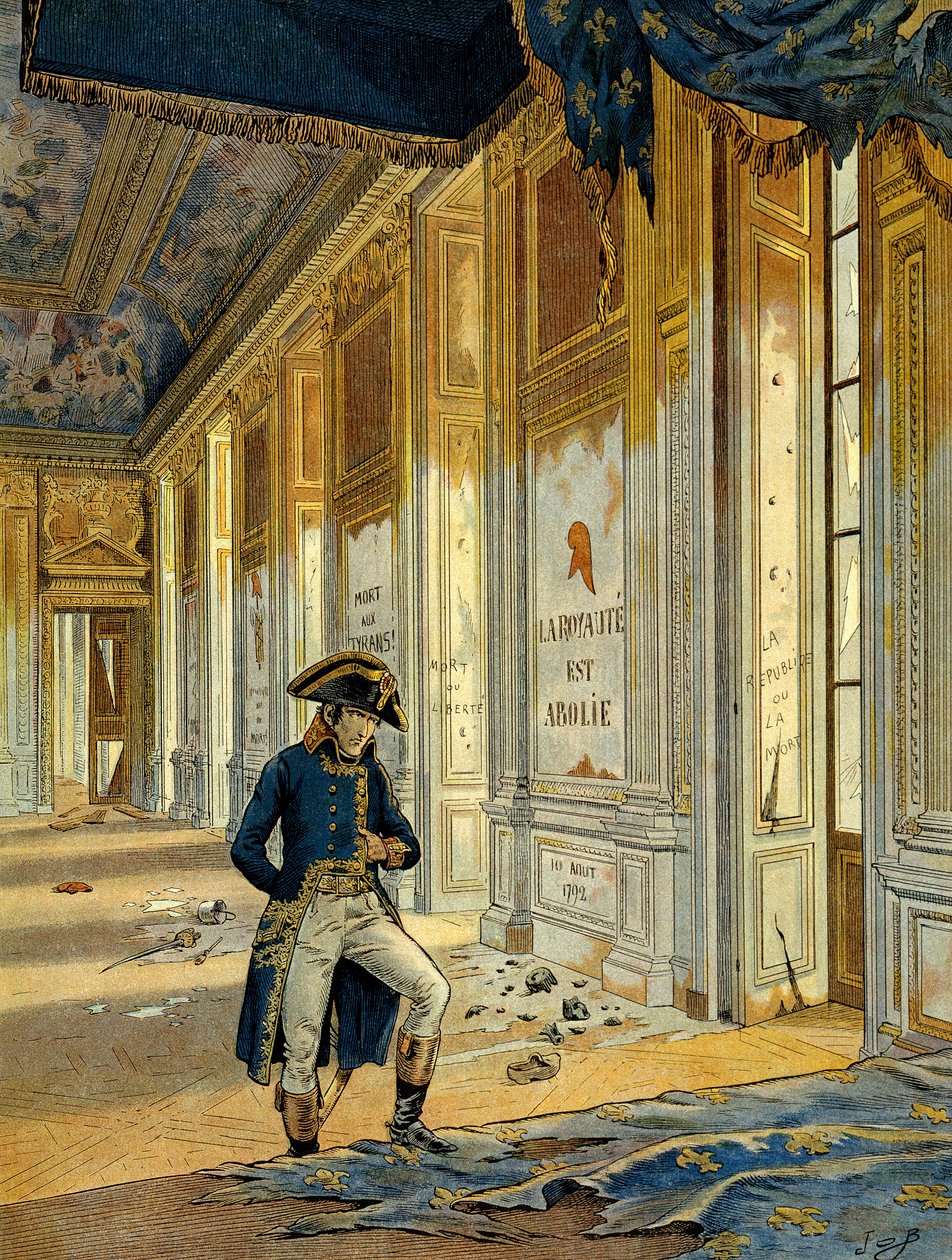 Franse Revolutie van 1789: Napoleon I Bonaparte in de Troonzaal van het Tuilerieënpaleis na de passage van de revolutionairen die de plaats hebben geplunderd door pseudonym for Onfray de Breville Jacques Job