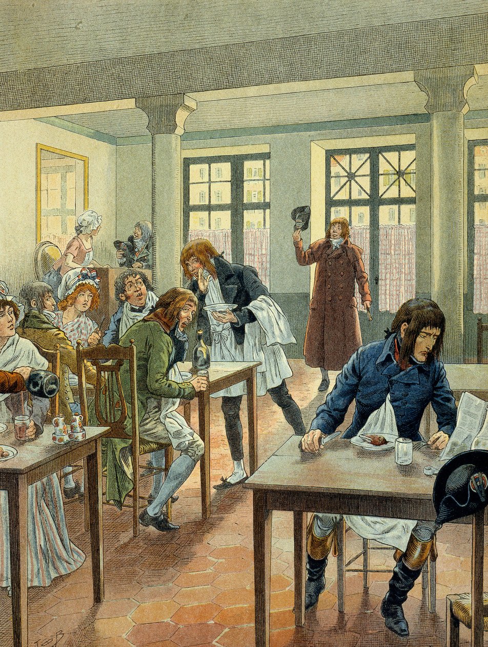 Franse Revolutie van 1789: Napoleon I Bonaparte jong bij de gargotier Justat, van de rue des petits peres in Parijs, gereduceerd tot een enkel gerecht dat hij betaalde voor 6 onder de portie. Illustratie door Jacques Marie Gaston Onfray de Breville door pseudonym for Onfray de Breville Jacques Job