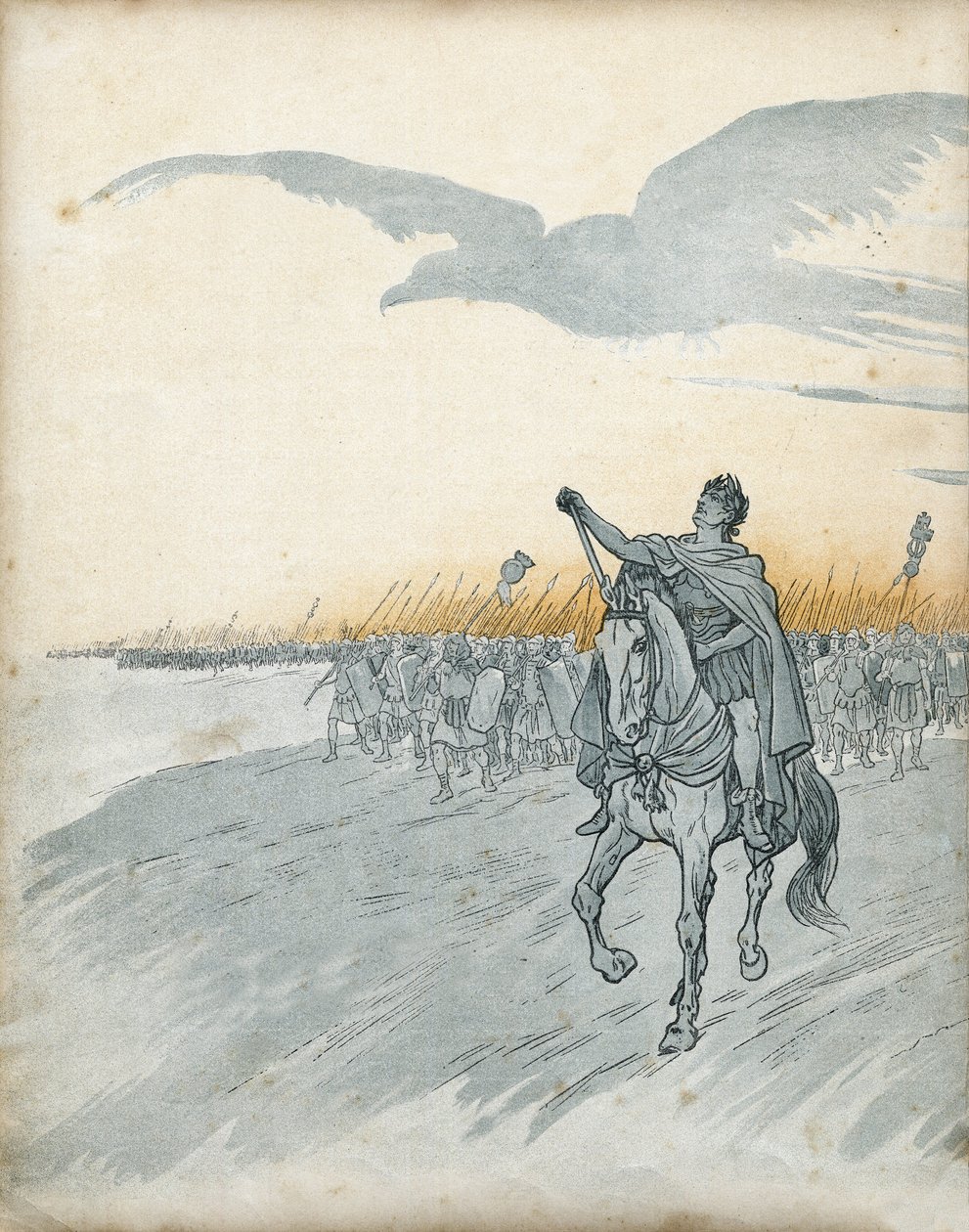 Gallische Oorlog: Gaius Julius Caesar (toen Jules Cesar) (100-44 v.Chr.) en zijn leger vallen Gallië binnen. De schaduw van een adelaar, symbool van het Romeinse Rijk, verschijnt in de lucht. in "Frankrijk, zijn verhaal verteld door G. Montorgueil, geïllus door pseudonym for Onfray de Breville Jacques Job