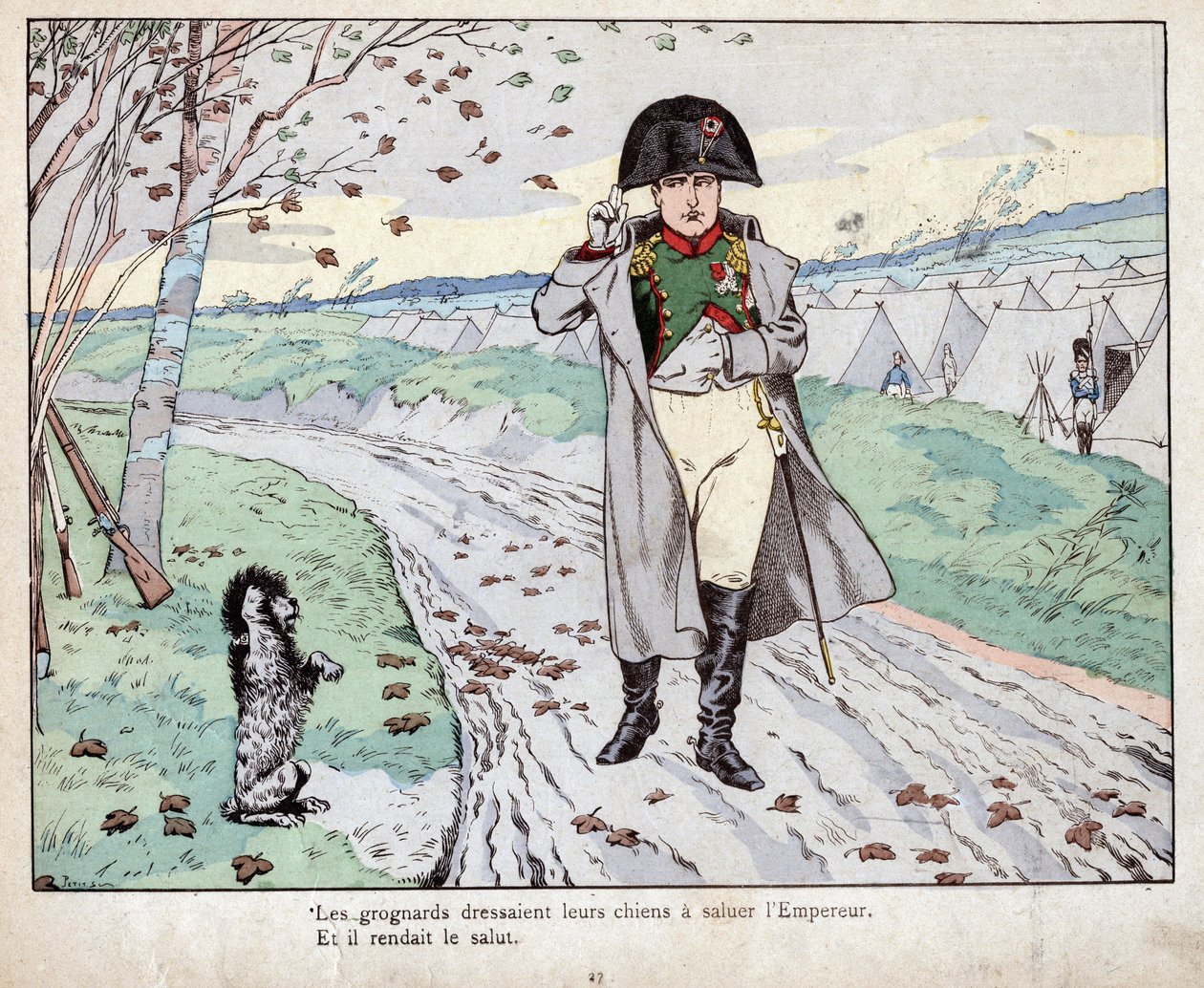 Grognards (Oude Garde van Napoleon Bonaparte) trainden hun honden om de keizer te groeten - lithografie door Job (Jacques Onfroy de Breville) uit Le Grand Napoleon des Petites Enfants 1893 door pseudonym for Onfray de Breville Jacques Job