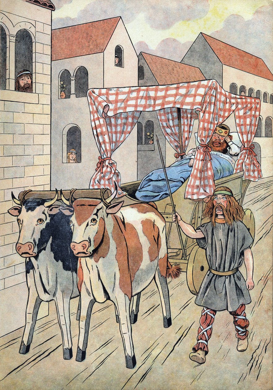 Geschiedenis van Frankrijk. Scène die luie koningen in speelgoed uitbeeldt: Koning van Frankrijk Thierry III (673-691) rijdt in een tank met een bed getrokken door ossen. In 