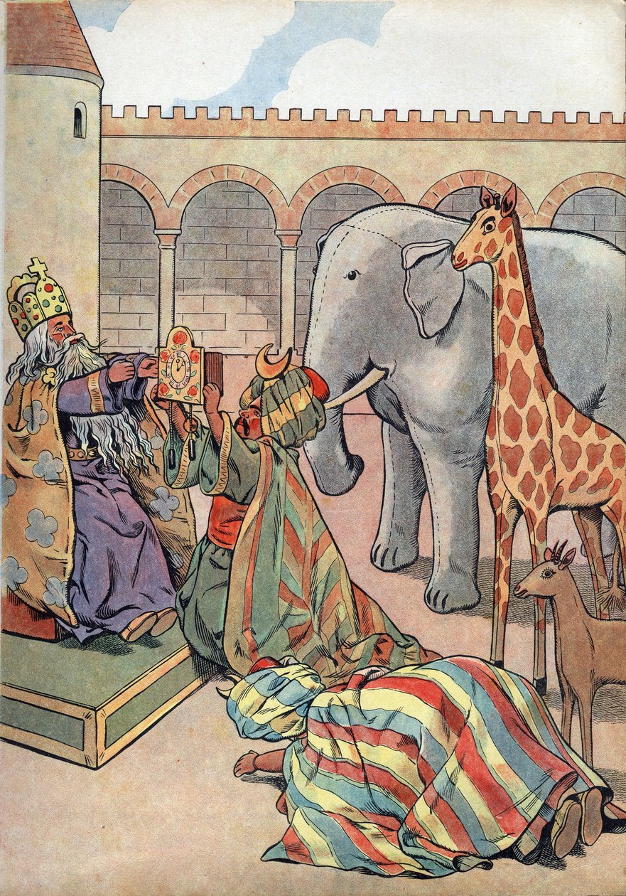 Geschiedenis van Frankrijk. Scène uit het leven van Karel de Grote in speelgoed: Kalief Haron Al Rashid geeft de koning van Frankrijk Karel de Grote een giraffe, een olifant en een klok. In 