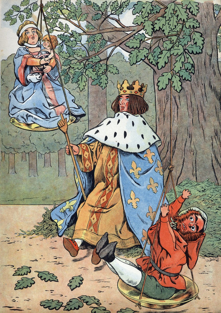 Geschiedenis van Frankrijk. Scène uit het leven van Saint Louis in speelgoed: koning Lodewijk IX, bekend als Saint Louis, spreekt recht aan de voet van een eik. In 
