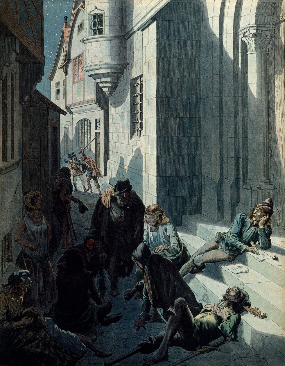 Geschiedenis van Frankrijk in de Middeleeuwen: Francois de Montcorbier bekend als Francois Villon (1431-1463?), dichter, die zijn werken componeert in de armoede van de straten van Parijs. Illustratie door Jacques Marie Gaston Onfray de Breville, bekend al door pseudonym for Onfray de Breville Jacques Job