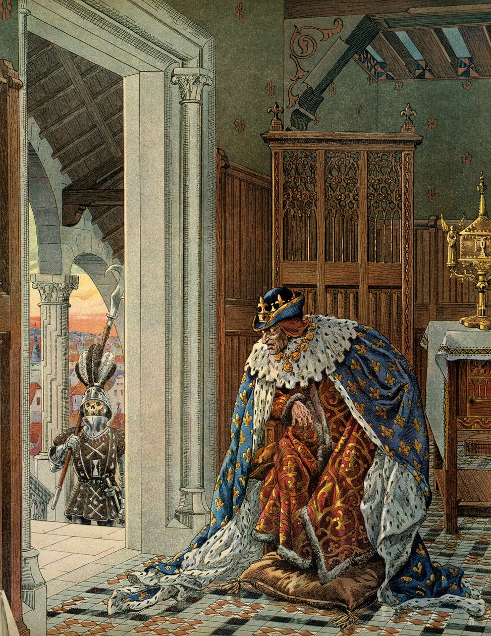 Geschiedenis van Frankrijk in de Middeleeuwen: Koning Lodewijk XI de Voorzichtige (1423-1483) bang voor de dood in harnas op de drempel. Illustratie door Jacques Marie Gaston Onfray de Breville, bekend als JOB (1858-1931) door pseudonym for Onfray de Breville Jacques Job