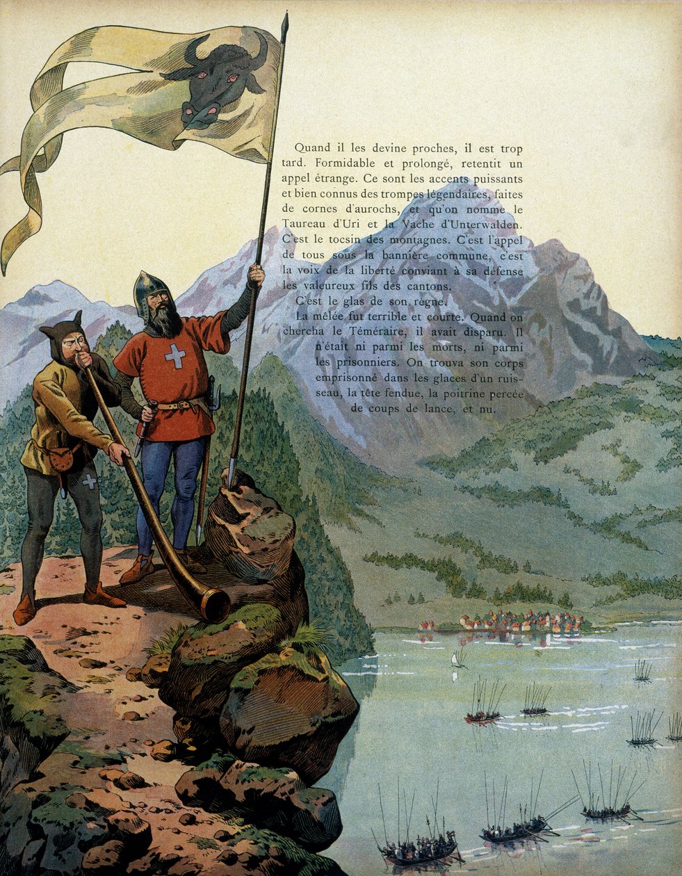Geschiedenis van Frankrijk in de Middeleeuwen: de troepen van Karel de Stoute (1433-1477), hertog van Bourgondië, betreden het land van Vaud in Zwitserland. Illustratie door Jacques Marie Gaston Onfray de Breville, bekend als JOB (1858-1931) door pseudonym for Onfray de Breville Jacques Job