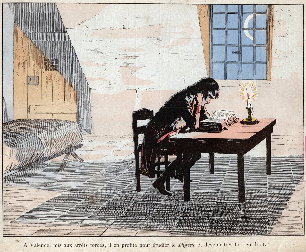 In Valencia (gevangenis) maakt Napoleon van de gelegenheid gebruik om de Digest te bestuderen en zeer sterk te worden in de wet - lithografie door Job (Jacques Onfroy de Breville) uit Le Grand Napoleon des Petites door pseudonym for Onfray de Breville Jacques Job