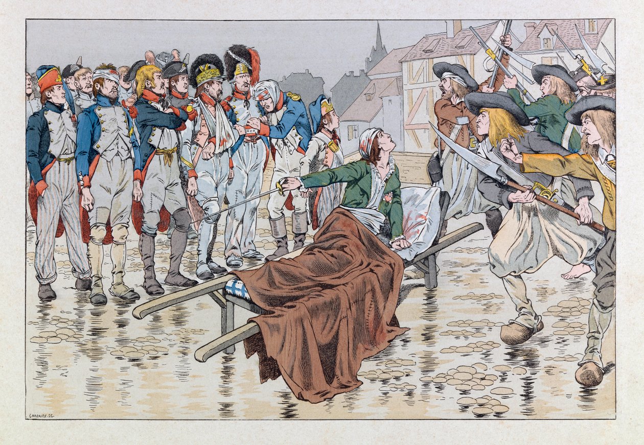 Illustratie uit het boek Les epees de France: De markies de Bonchamps dodelijk gewond na de slag bij Cholet in 1793 redt republikeinse gevangenen uit de handen van de chouans door pseudonym for Onfray de Breville Jacques Job