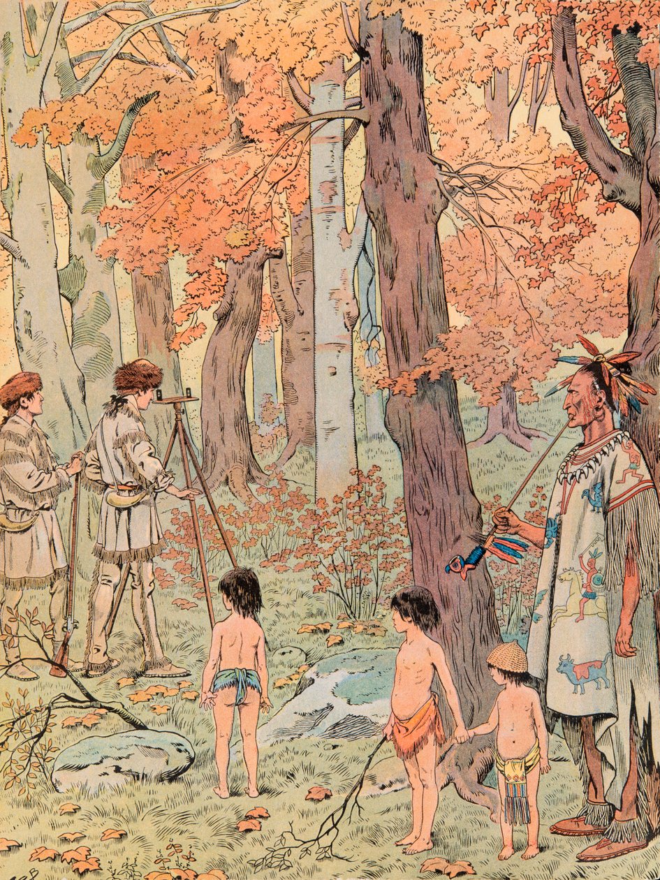 Op zestienjarige leeftijd werd George Washington landmeter en kaartte hij de landen ten westen van de Blue Ridge Mountains, Privécollectie door pseudonym for Onfray de Breville Jacques Job