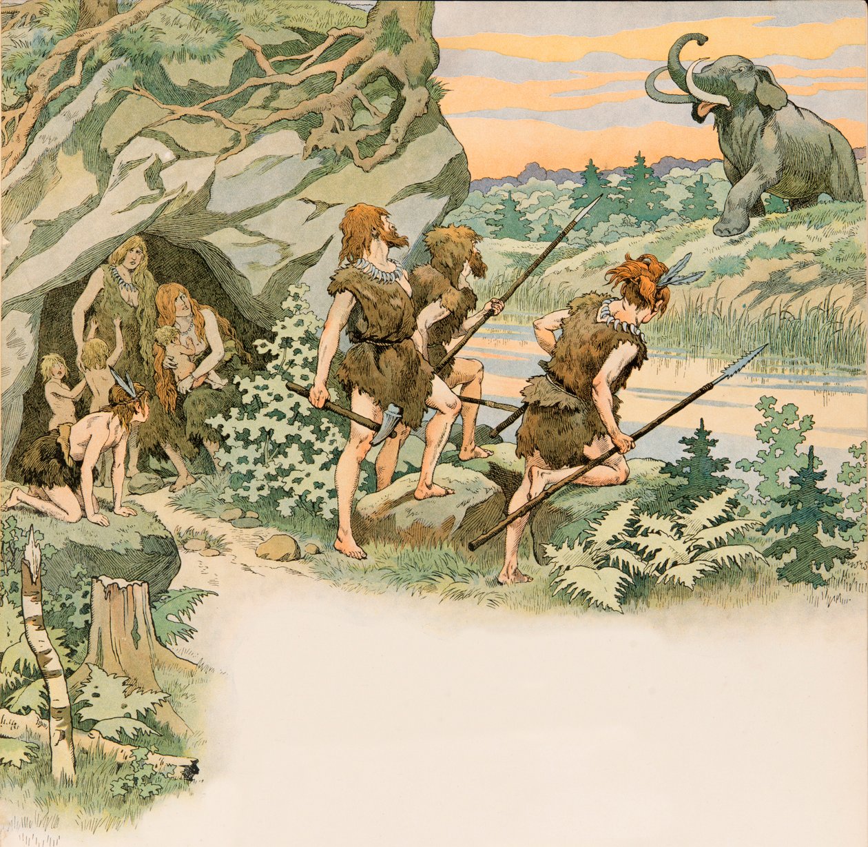 Jacques Marie Gaston Onfroy de Breville genaamd JOB (1858-1931) - Tijdens de prehistorie beschermen holbewoners hun families tegen een mammoetaanval door pseudonym for Onfray de Breville Jacques Job