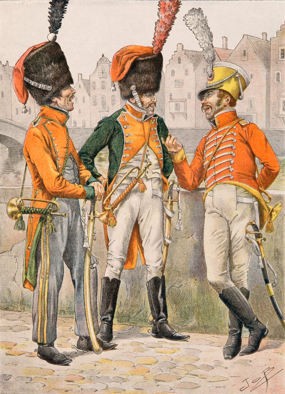 Outfit van Franse troepen door de tijden heen: Trompetten van de 14e, 23e, 24e regimenten jagers te paard voor 1812 door pseudonym for Onfray de Breville Jacques Job