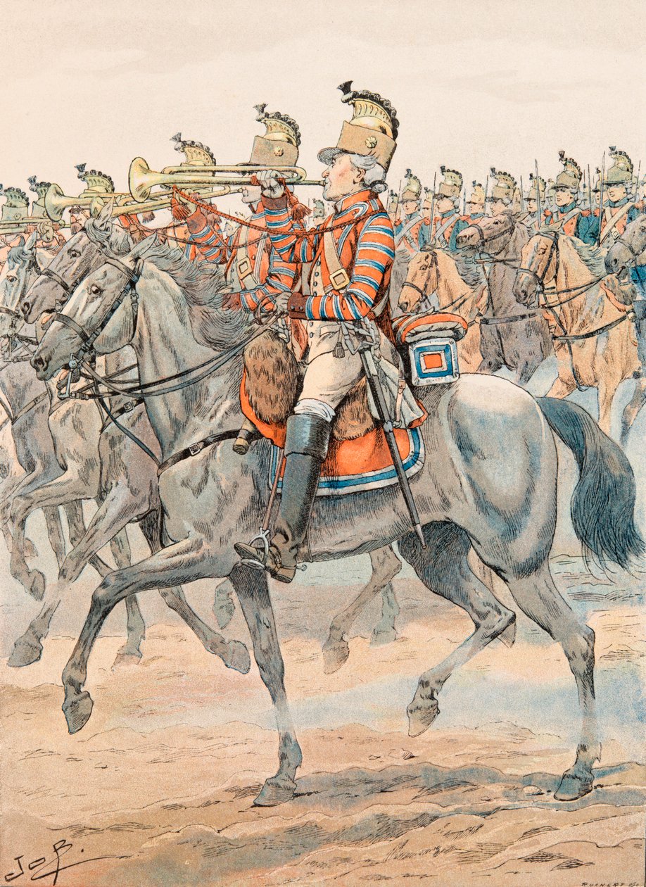 Outfit van de Franse troepen te allen tijde: Trompet van het Orleans Regiment - Dragons (1781) door pseudonym for Onfray de Breville Jacques Job