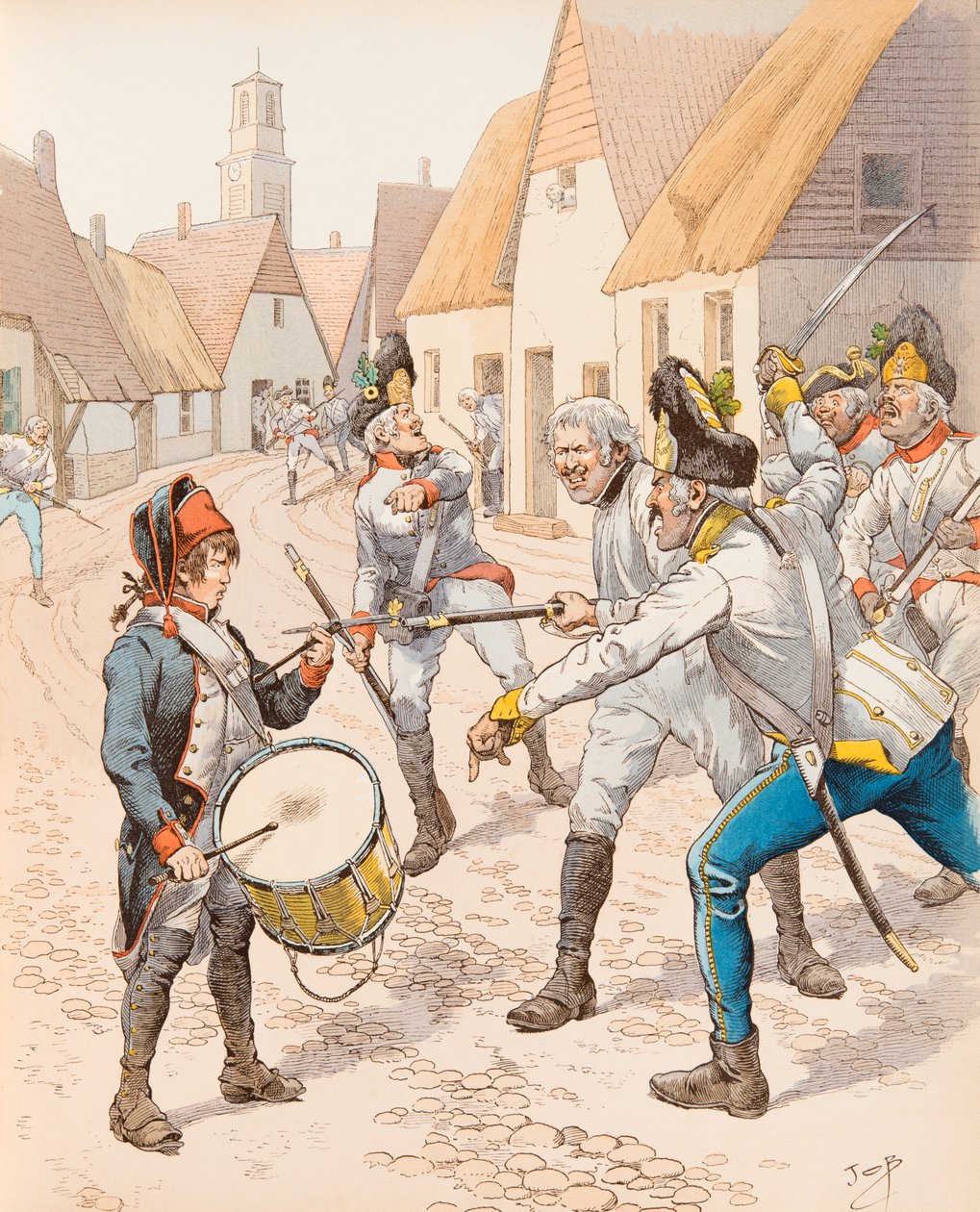 Jacques Marie Gaston Onfroy de Breville, bekend als JOB (1858-1931) - De kleine trommel van Wattignies in 1793 (De trommelaar Stroh viel onder de slagen van de Oostenrijkers tijdens de slag), Privécollectie door pseudonym for Onfray de Breville Jacques Job