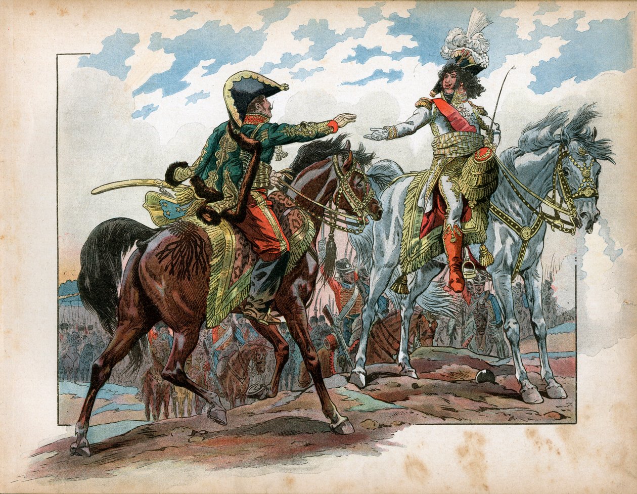 Joachim Murat (1767-1815) en generaal Antoine Charles Louis de La Salle (Lasalle) (1775-1809) tijdens de Slag bij Heilsberg in 1807. Gravure door Jacques Marie Gaston Onfray de Breville, genaamd Job door pseudonym for Onfray de Breville Jacques Job