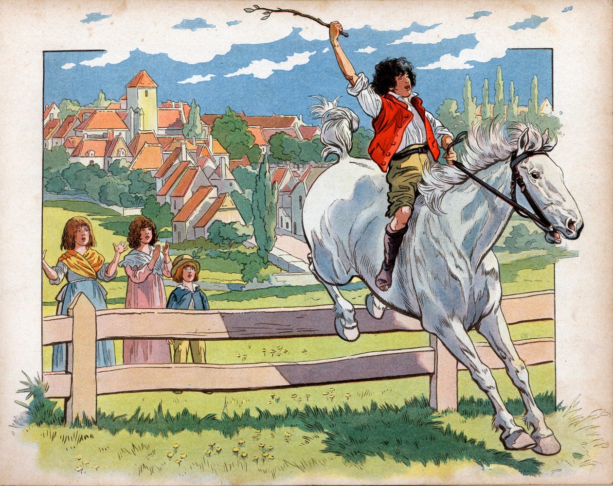 Joachim Murat (1767-1815) als kind op een paard traint om heggen te springen. Gravure door Jacques Marie Gaston Onfray de Breville, genaamd Job door pseudonym for Onfray de Breville Jacques Job