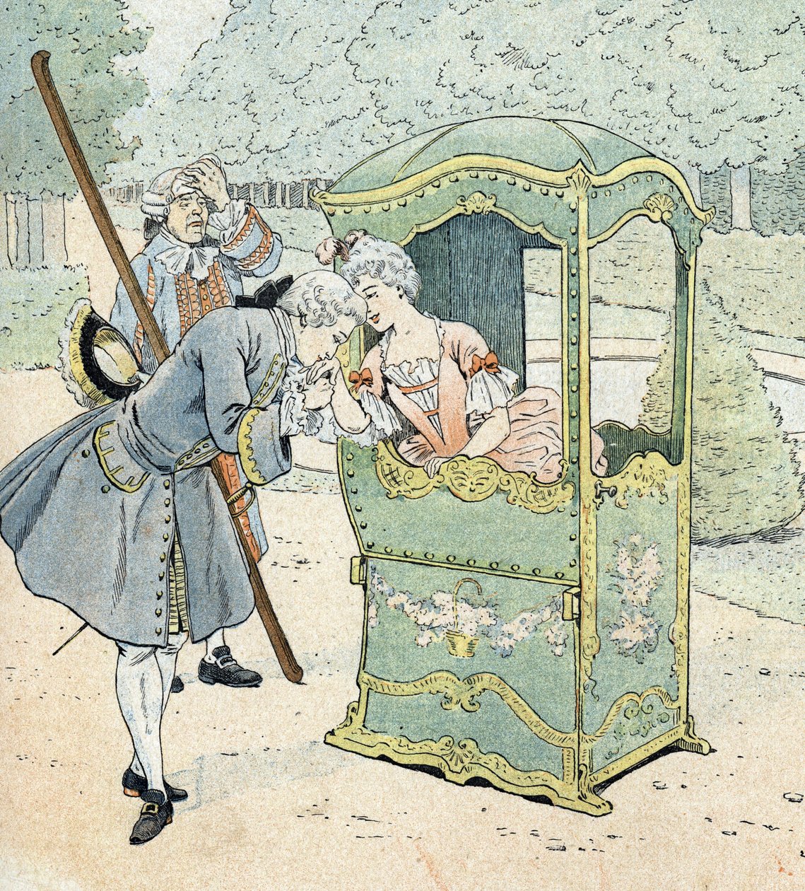 Dame van adel in de 18e eeuw, in een stoel met dragers die de handkus ontvangt door pseudonym for Onfray de Breville Jacques Job