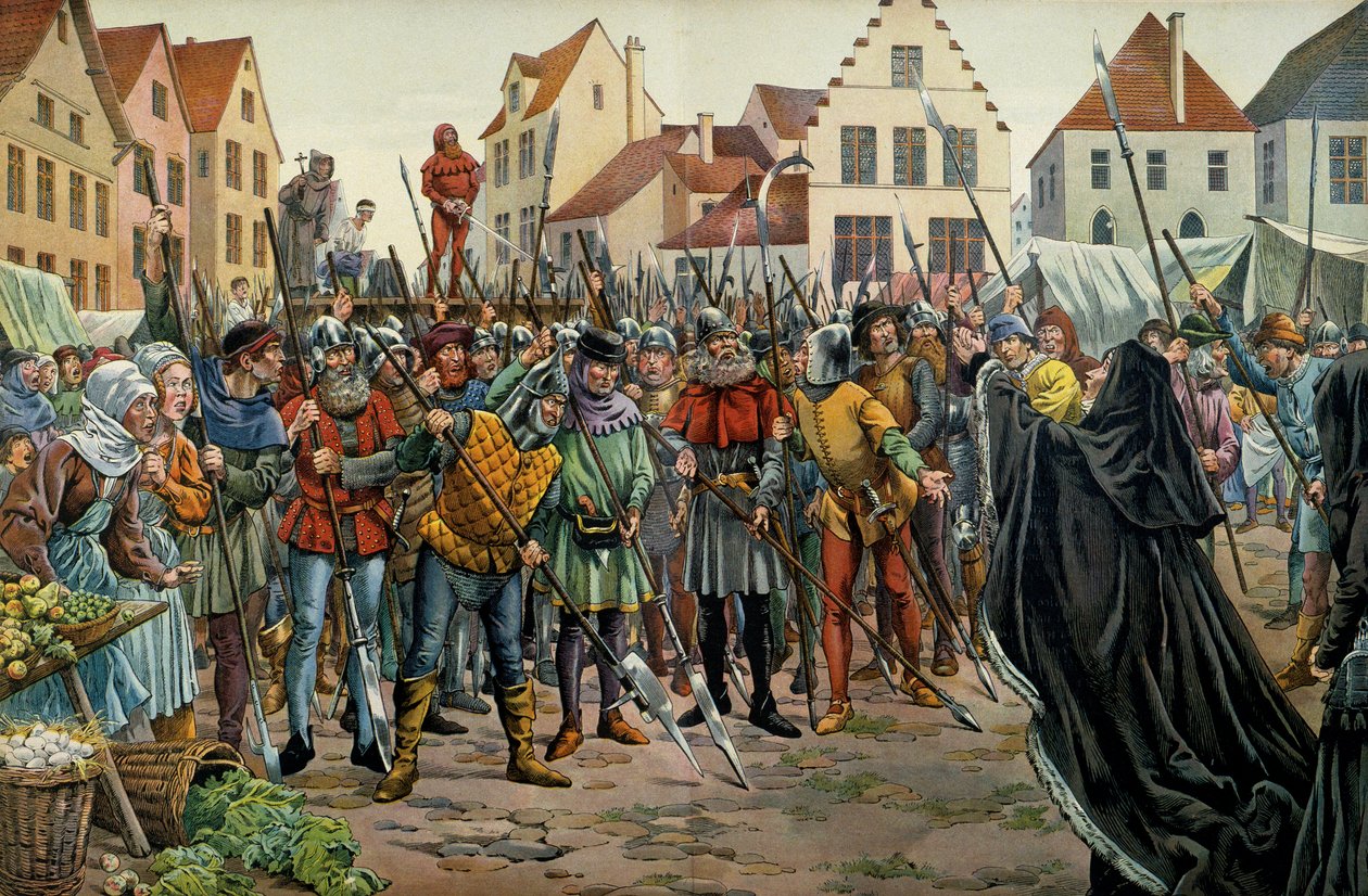 Maria van Bourgondië (1457-1482), hertogin van Bourgondië, vraagt om genade voor haar adviseurs in 1477. Illustratie door Jacques Marie Gaston Onfray de Breville, bekend als JOB (1858-1931) in 