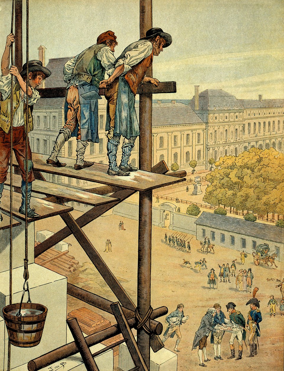 Napoleon I Bonaparte aandachtig voor de architecturale en stedelijke werken van de verbinding tussen het Louvre en het Palais des Tuileries in Parijs met de Place en Rue de Rivoli die begon in 1802. door pseudonym for Onfray de Breville Jacques Job