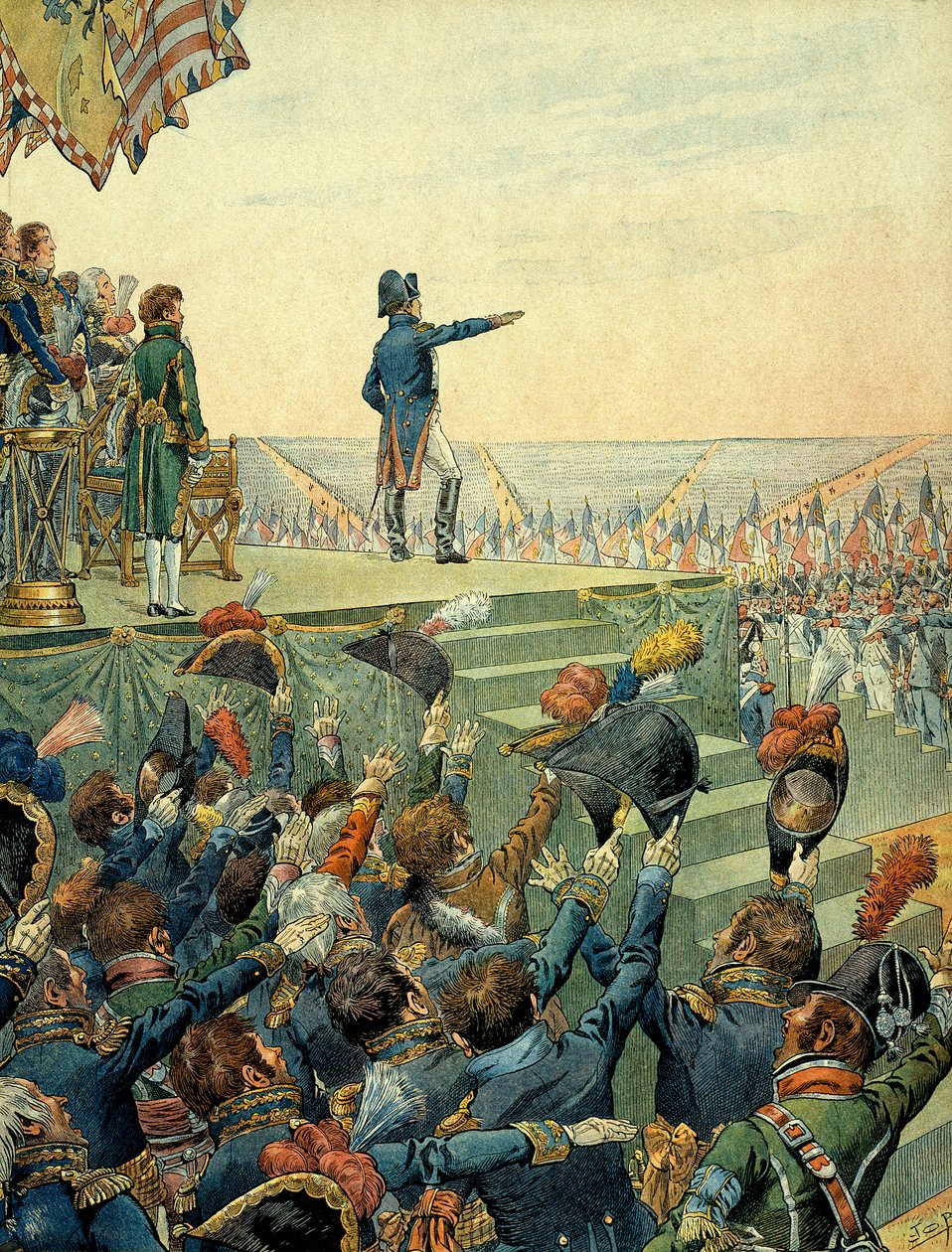 Napoleon I Bonaparte (1769-1821) verdeelt de kruisen van het Legioen van Eer aan het leger van het militaire kamp van Boulogne op 16 augustus door pseudonym for Onfray de Breville Jacques Job