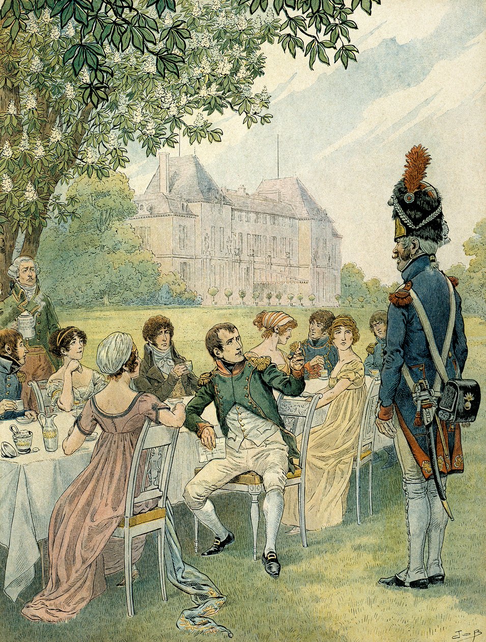 Napoleon I Bonaparte tijdens een lunch in de tuinen van het kasteel van Malmaison. Illustratie door Jacques Marie Gaston Onfray de Breville, bekend als JOB. Privécollectie door pseudonym for Onfray de Breville Jacques Job