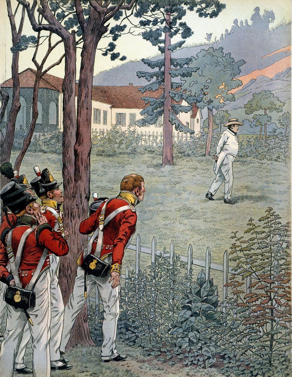 Napoleon I Bonaparte (1769-1821) onder de verbaasde blikken van het Britse leger in gevangenschap op het eiland Sint-Helena door pseudonym for Onfray de Breville Jacques Job
