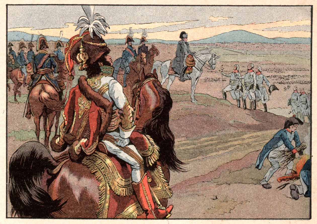 Napoleon I Bonaparte (1769-1821) met Joachim Murat (1767-1815) tijdens de overgave van Ulm in 1805. Gravure door Jacques Marie Gaston Onfray de Breville, genaamd Job (1858-1931) door pseudonym for Onfray de Breville Jacques Job