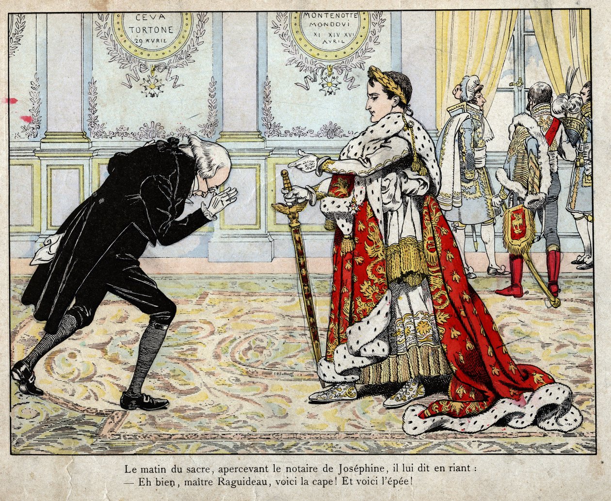 Napoleon en notaris Raguideau, ochtend van de kroning 1804 - lithografie door Job (Jacques Onfroy de Bréville) uit Le Grand Napoléon des Petites Enfants 1893 door pseudonym for Onfray de Breville Jacques Job