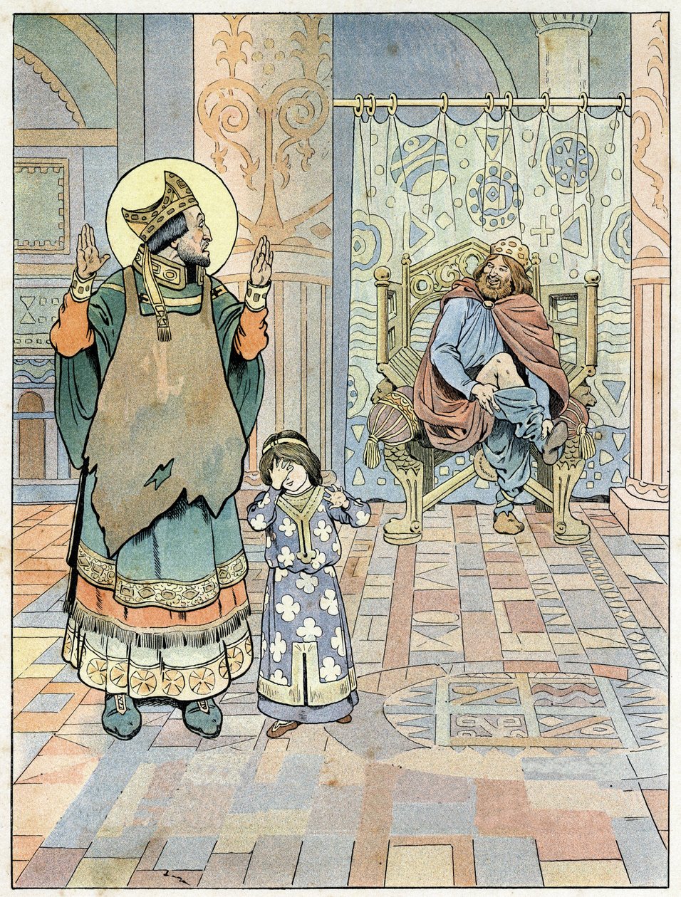 Sint Eloi (ca. 588-659) wijst de koning van Frankrijk Dagobert I (602 of 605-638 of 639) erop dat zijn broek verkeerd om is aangetrokken (onderbroek verkeerd om). in 