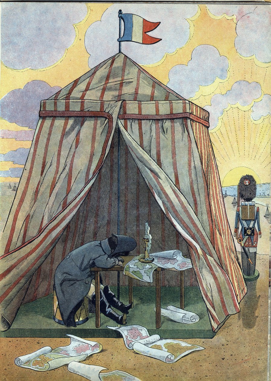 Scène uit de geschiedenis van Frankrijk in speelgoed: Napoleon I Bonaparte rust voor de Slag bij Austerlitz op 2 december 1815. In 