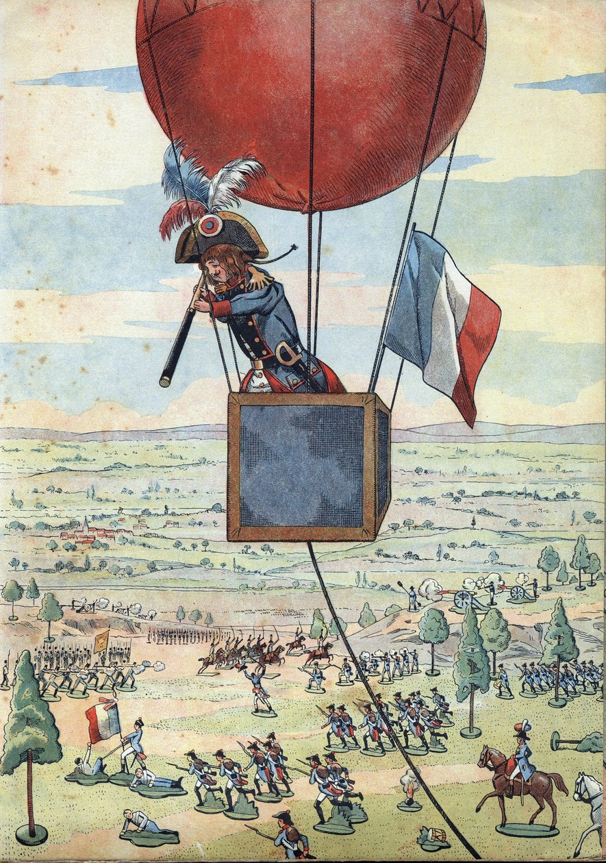 Scène uit de geschiedenis van Frankrijk in speelgoed: De Slag bij Fleurus op 26 juni 1794 en het eerste gebruik van een observatieballon door kapitein Jean Marie Joseph Coutelle (1748-1835) met een verrekijker - In 