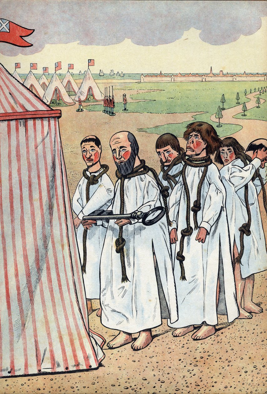 Scène uit de geschiedenis van Frankrijk in speelgoed: De burgers van Calais. Het beleg van Calais in 1347 en de toewijding van Eustache van Saint Peter, de bekendste van de zes burgers van Calais, die naar de koning van Engeland Edward III ging om genade t door pseudonym for Onfray de Breville Jacques Job