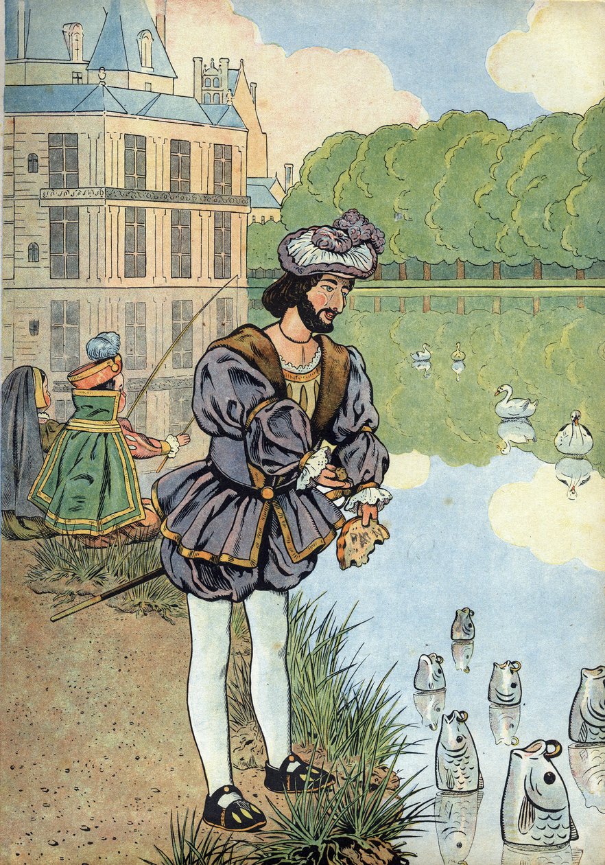 Scène uit de geschiedenis van Frankrijk in speelgoed: koning van Frankrijk Frans I geeft brood aan de vissen van het park van Fontainebleau. In 