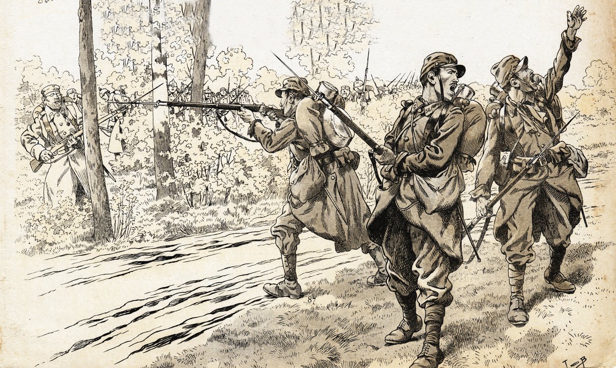Schiet op hen! Franse soldaten van de oorlog 1914-1918 op patrouille om de sterkte en exacte locatie van de vijand te herkennen. Nadat ze de Duitse troepen hadden gevonden, gaven ze het bevel om te vuren zonder zich zorgen te maken over het gevangen worden door pseudonym for Onfray de Breville Jacques Job