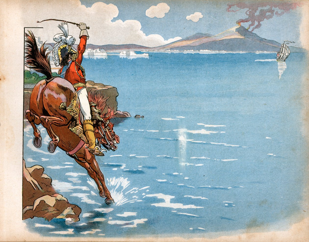Joachim Murat, koning van Napels, zag een Engelse fregat en reed met zijn paard het water in en viel aan. Gravure door Jacques Marie Gaston Onfray de Breville door pseudonym for Onfray de Breville Jacques Job