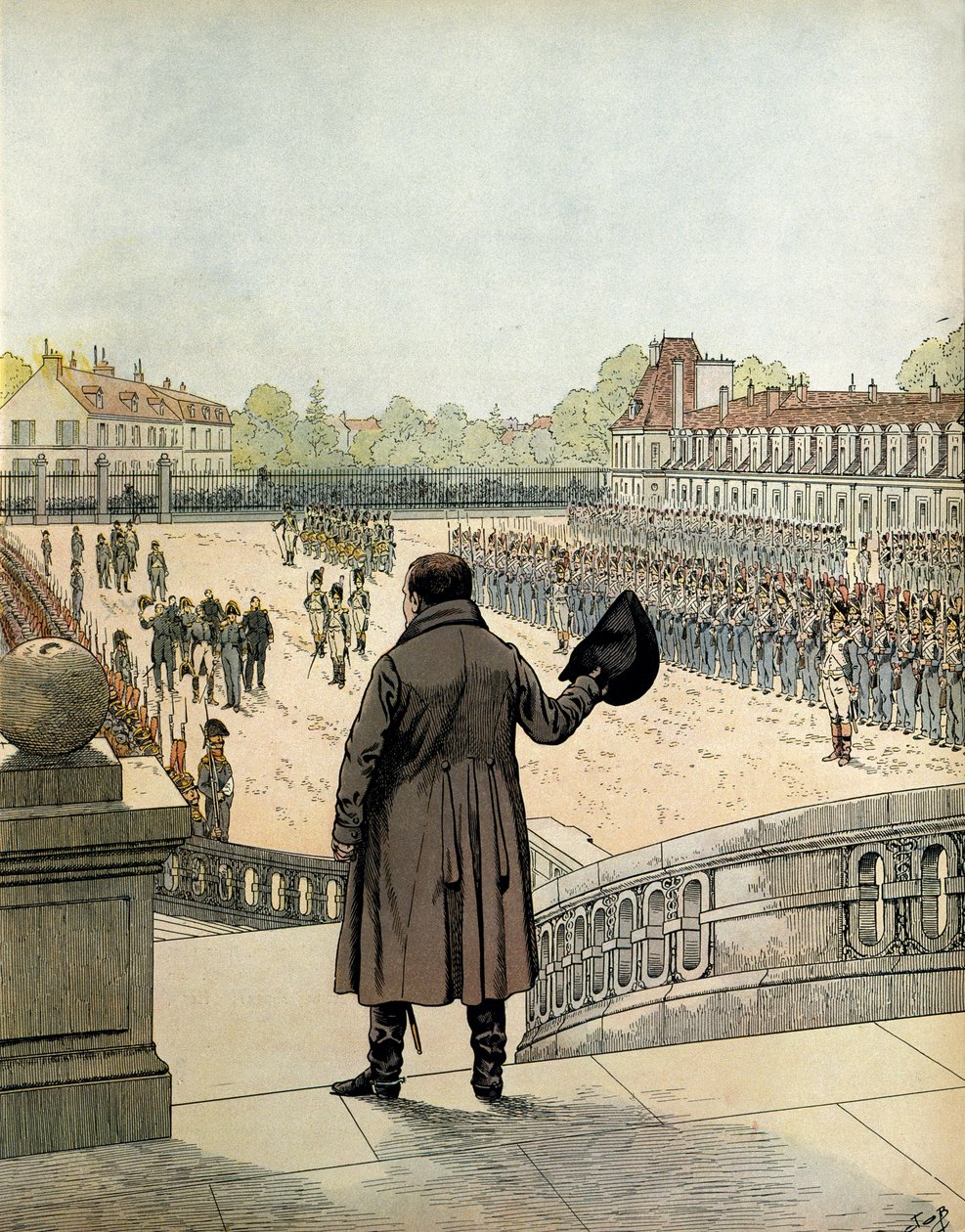 Het afscheid van Napoleon I Bonaparte (1769-1821) op de binnenplaats van het Cheval Blanc in Fontainebleau op 20 april door pseudonym for Onfray de Breville Jacques Job