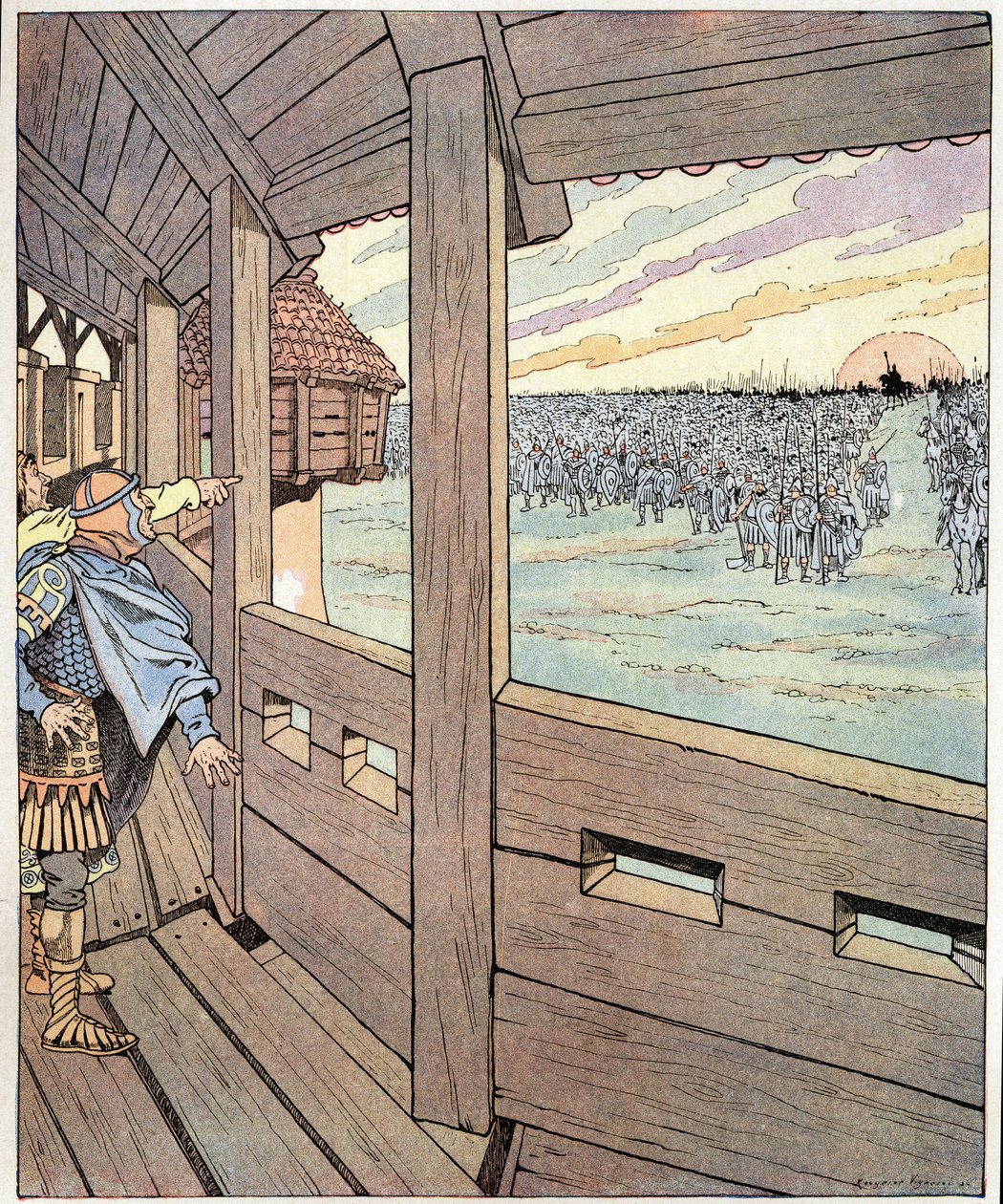 De ijzeren man, dit is Karel de Grote. Woorden van Ogger aan de koning van de Longobarden Didier toen hij koning Karel de Grote of Karel I de Grote (742-814) zag vanaf de muren van Pavia in 774. Illustratie van Job (Jacques Marie Gaston Onfray en Breville) door pseudonym for Onfray de Breville Jacques Job
