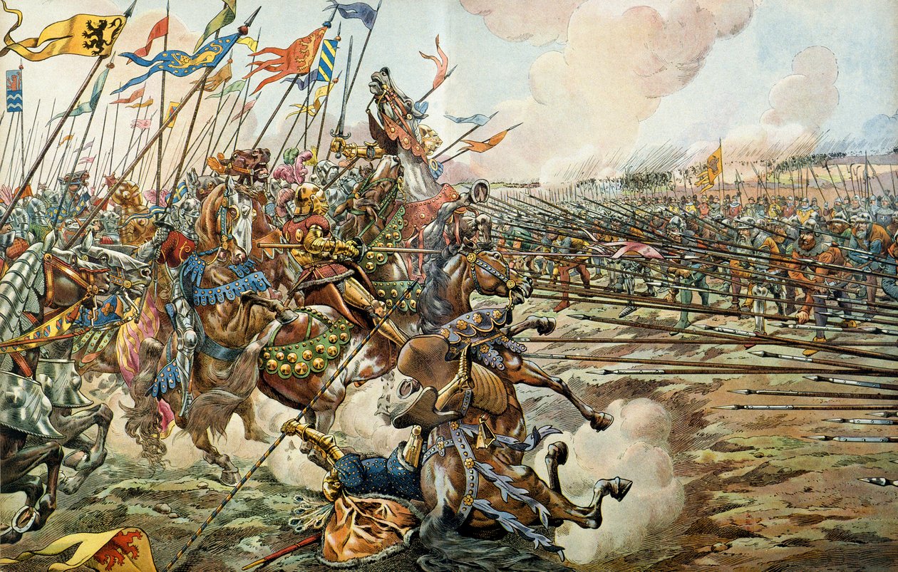 De Slag bij Grandson tussen de Bourgondiërs en de Zwitsers in Grandson, Zwitserland op 2 maart 1476. Illustratie door Jacques Marie Gaston Onfray de Breville, bekend als JOB door pseudonym for Onfray de Breville Job