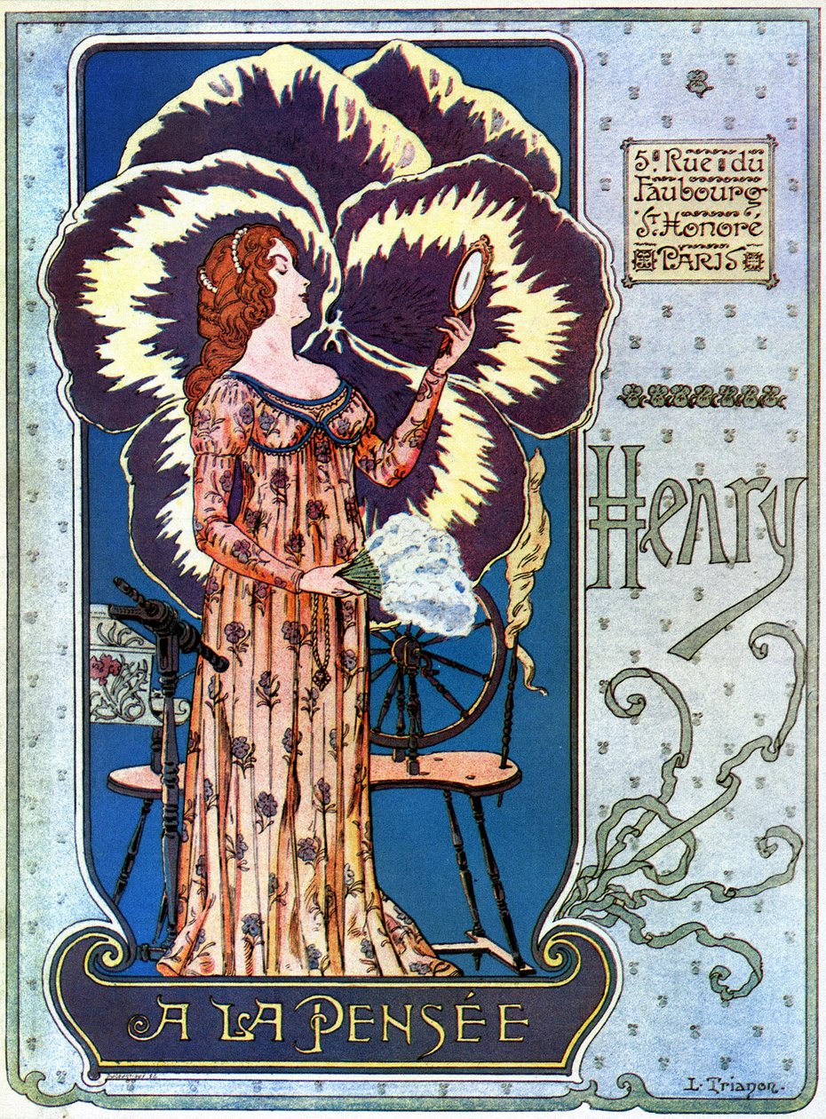 Art Nouveau: reclameposter voor de cosmeticawinkel Henry a la Pensée in Parijs. Een jonge vrouw bewondert zichzelf in een spiegel, achter haar een bloem van gedachte. Illustratie van L. Trianon door pseudonym of Trinquier Louis Trinquier Trianon