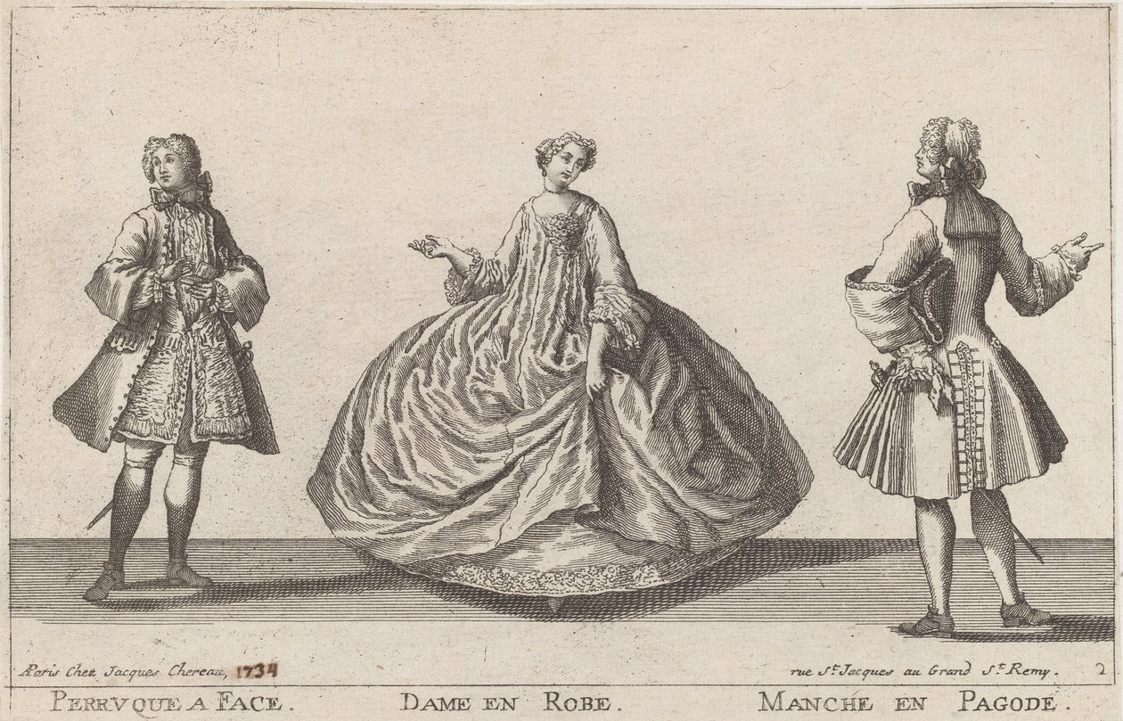 Pruik op gezicht / Dame in jurk / Mouw in pagode door published by Jacques Chéreau