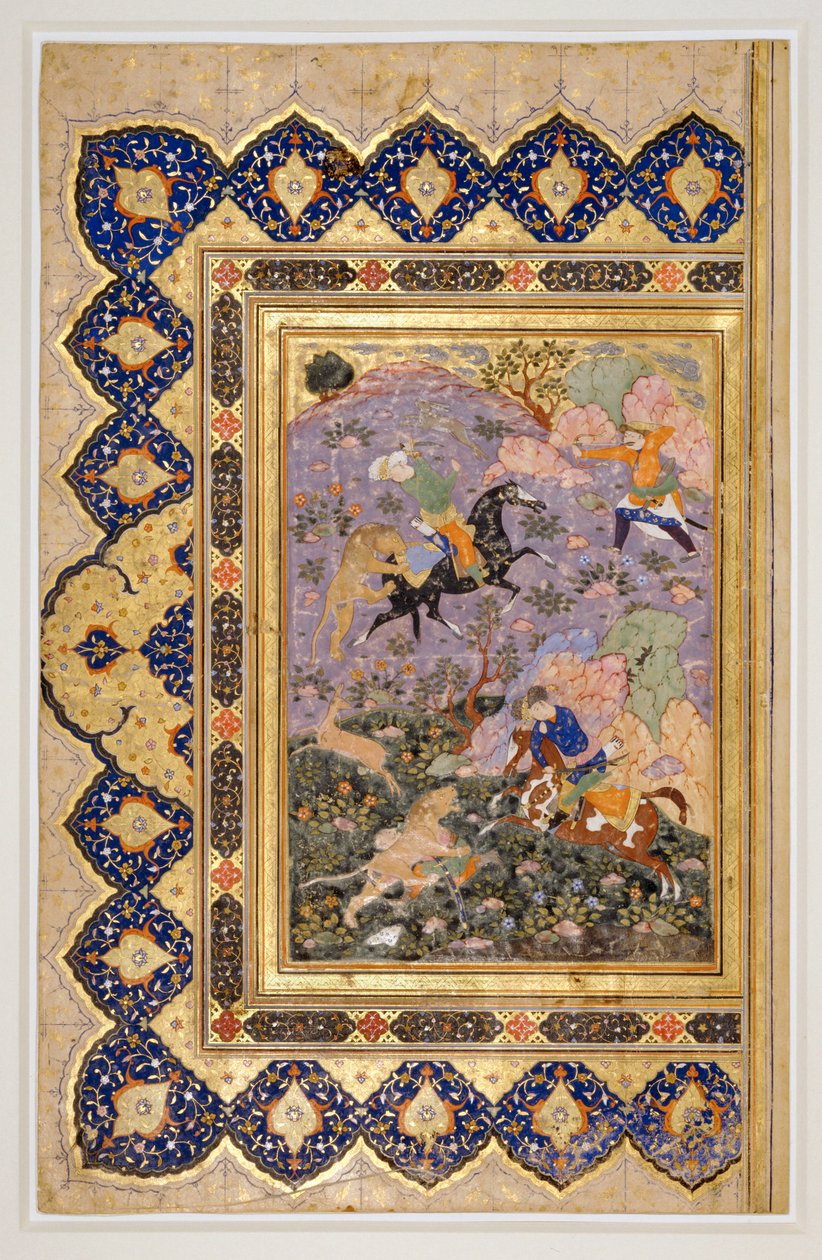 Jacht op wilde dieren, ca. 1540 (inkt, gouache en goud) door School Iranian