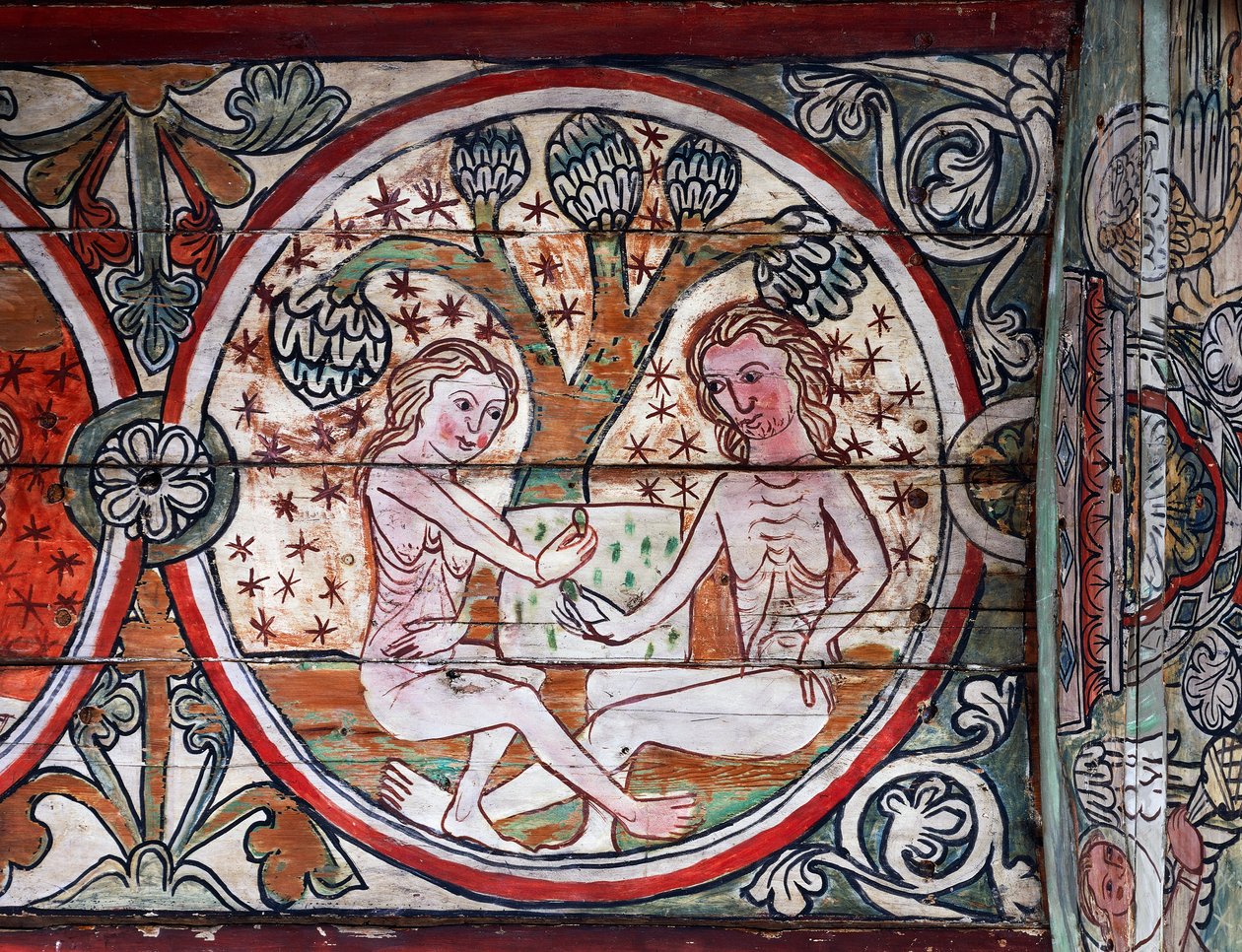 Adam en Eva in de Hof van Eden, decoratie uit Al Stavkirke, Noorwegen (fresco) door school Scandinavian