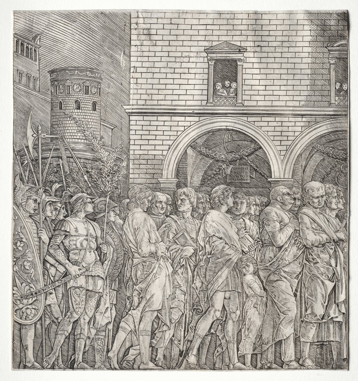 De triomfen van Caesar: De senatoren door school of Andrea Mantegna