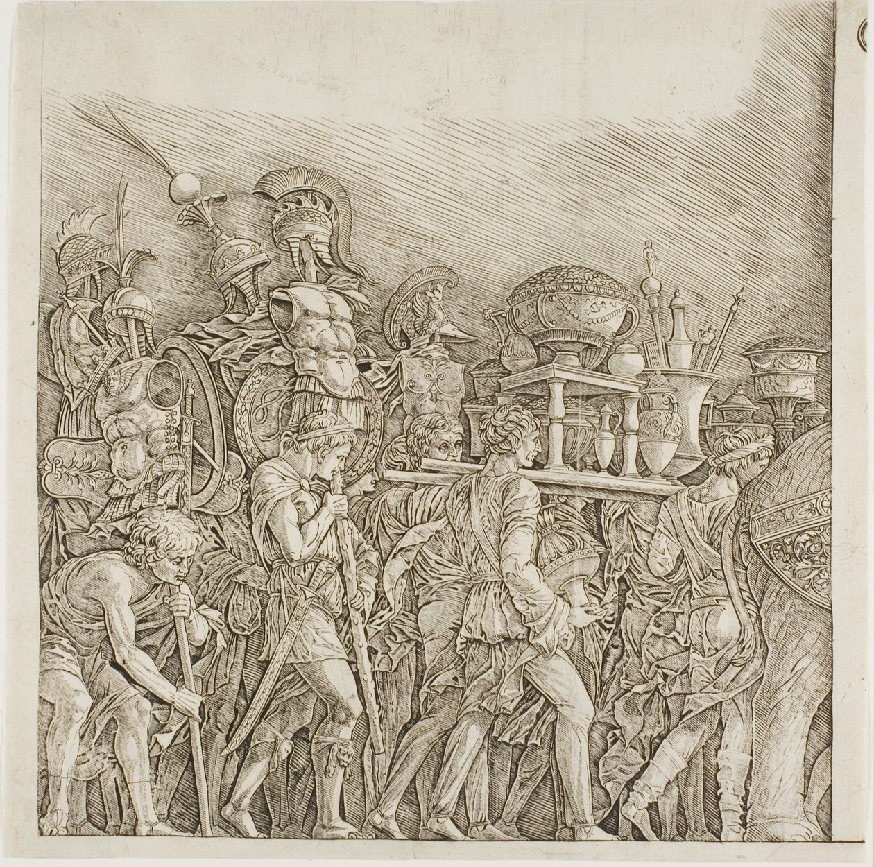 Triomf van Caesar: Soldaten Dragen Trofeeën door school of Andrea Mantegna